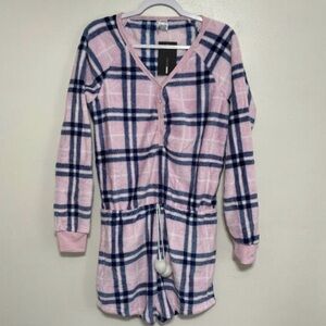 Fashion Nova Pink and Blue Plaid Lounge Pajama Romper Size 1X